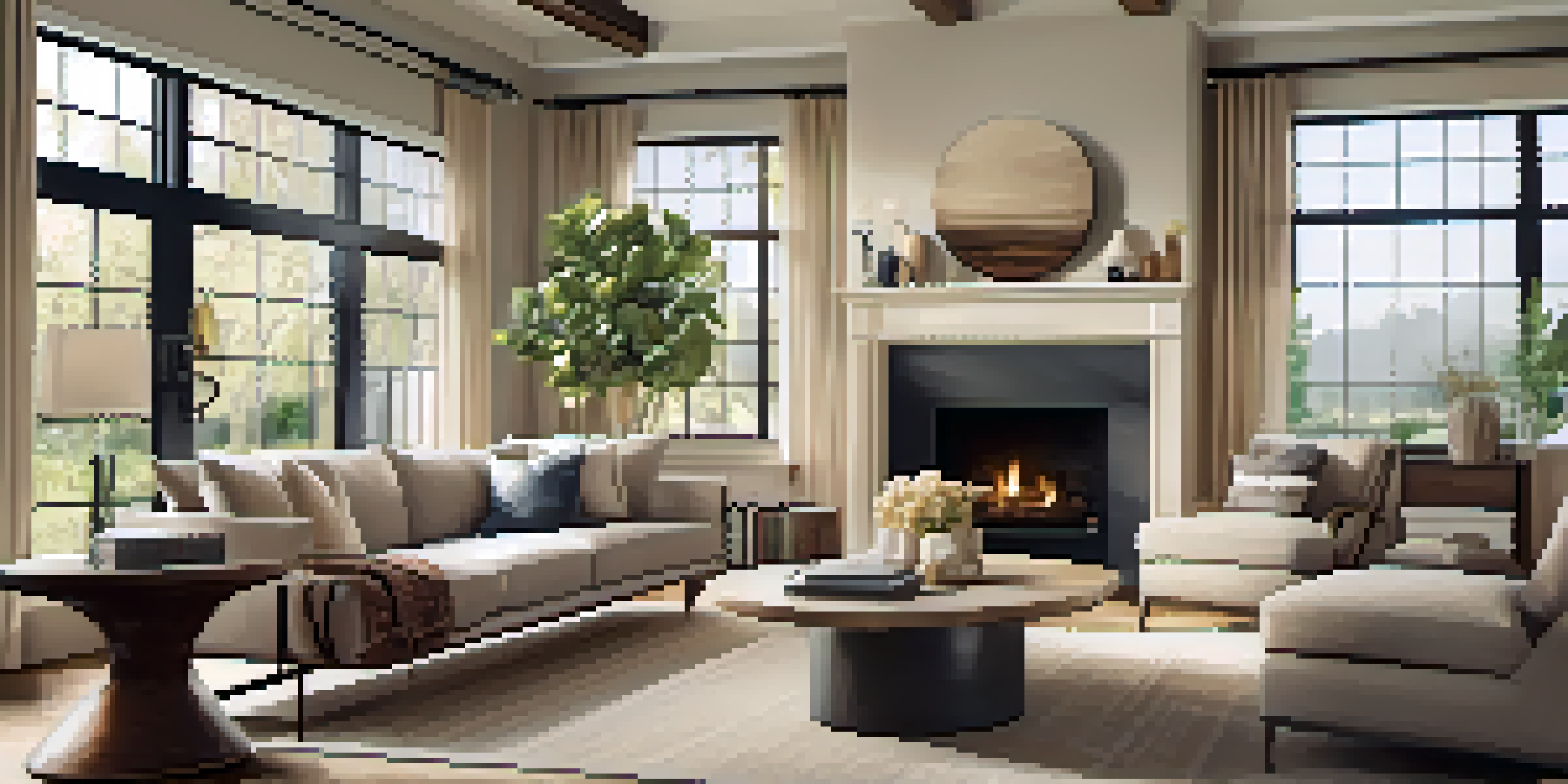 A welcoming living room featuring a cozy sofa, bright natural light, and a decorative fireplace.