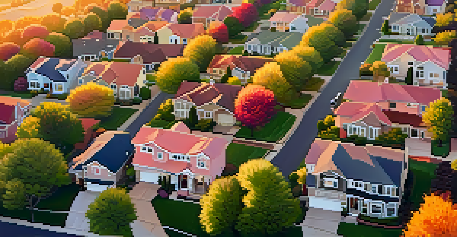 Aerial view of a suburban neighborhood with homes and gardens at sunset.
