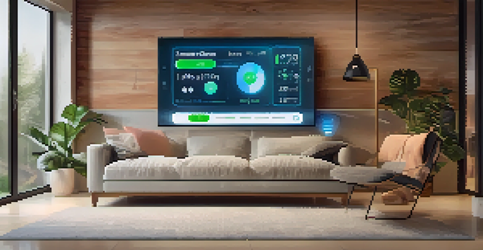A smartphone showing an energy management app in a modern living room with soft lighting and a smart thermostat.