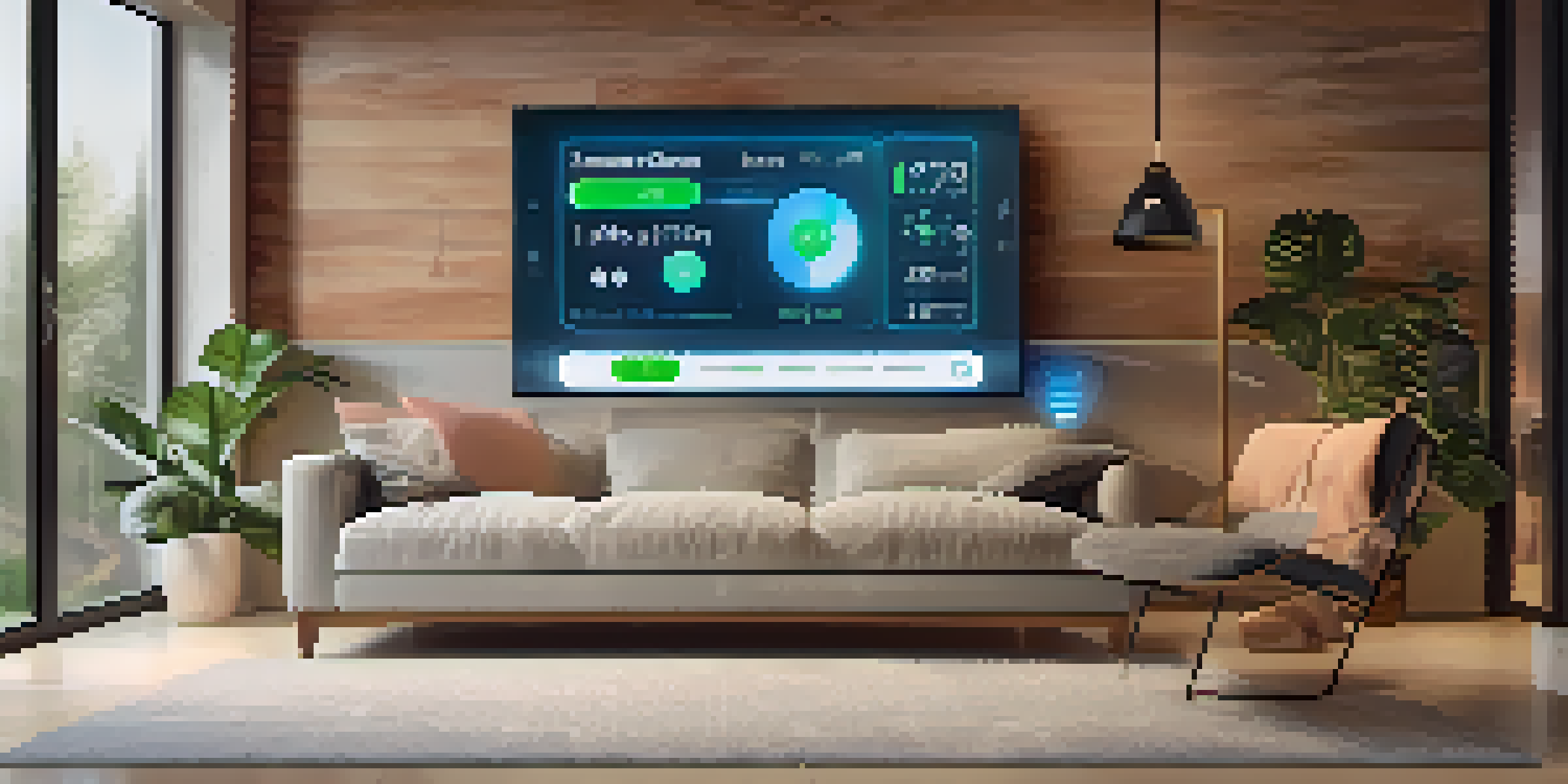 A smartphone showing an energy management app in a modern living room with soft lighting and a smart thermostat.