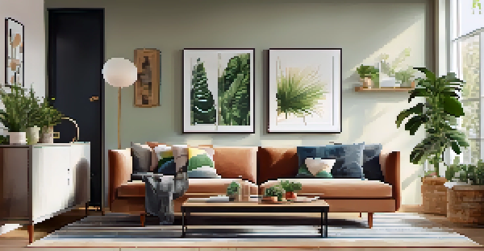 A warm and inviting living room in a furnished rental, showcasing a modern sofa, coffee table, and bright wall art with natural light streaming in from the windows.