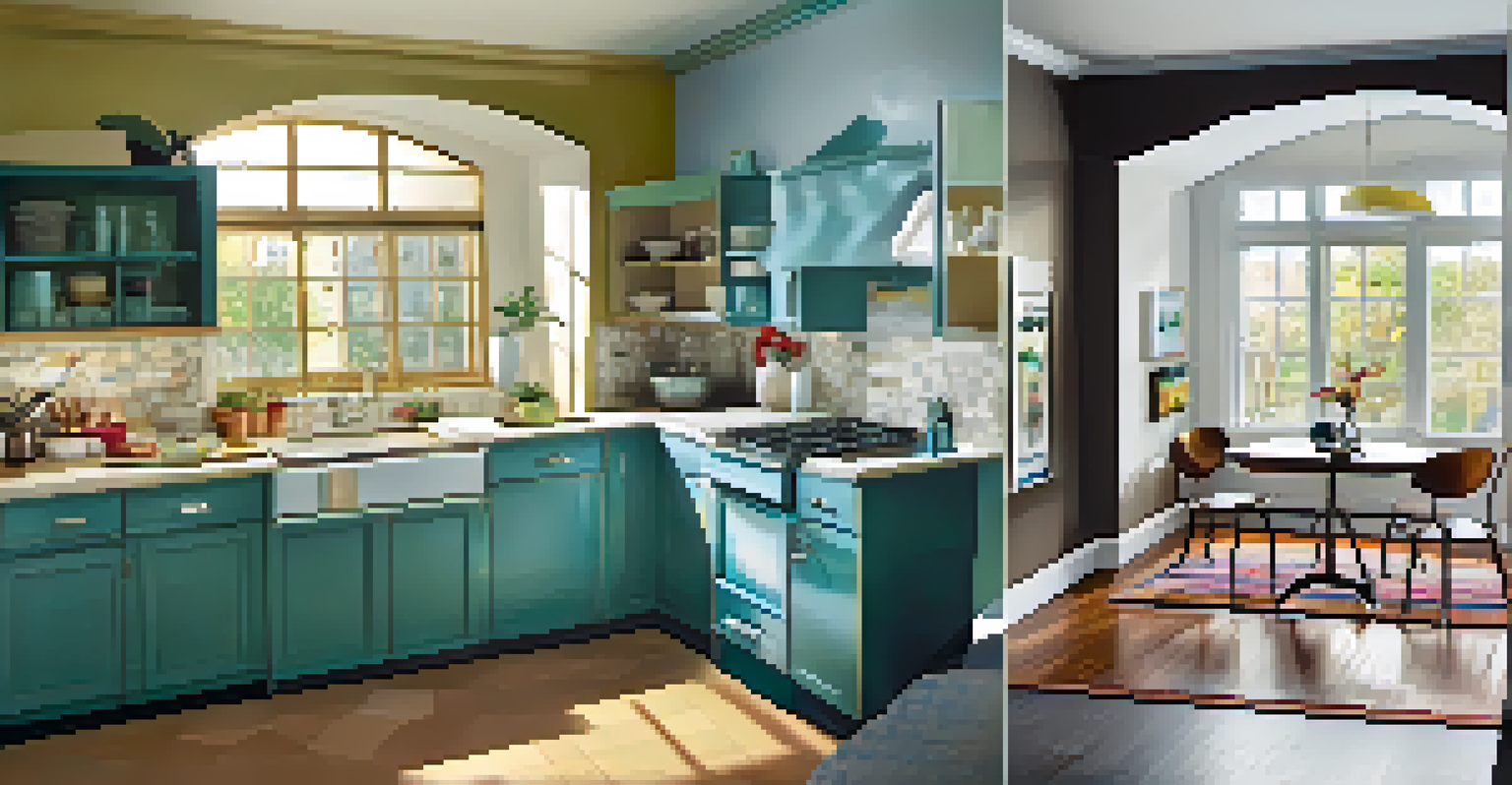 A split image of a kitchen renovation, showing an outdated kitchen on the left and a modern kitchen on the right.