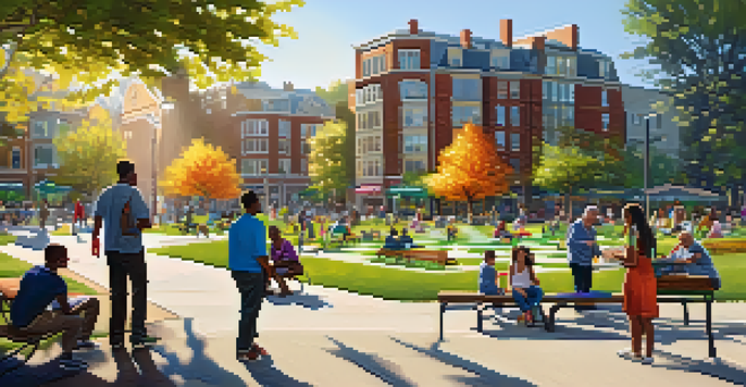 A lively urban park filled with people enjoying activities such as picnicking and playing chess. The park has smart lighting, colorful flowers, and sustainable features.