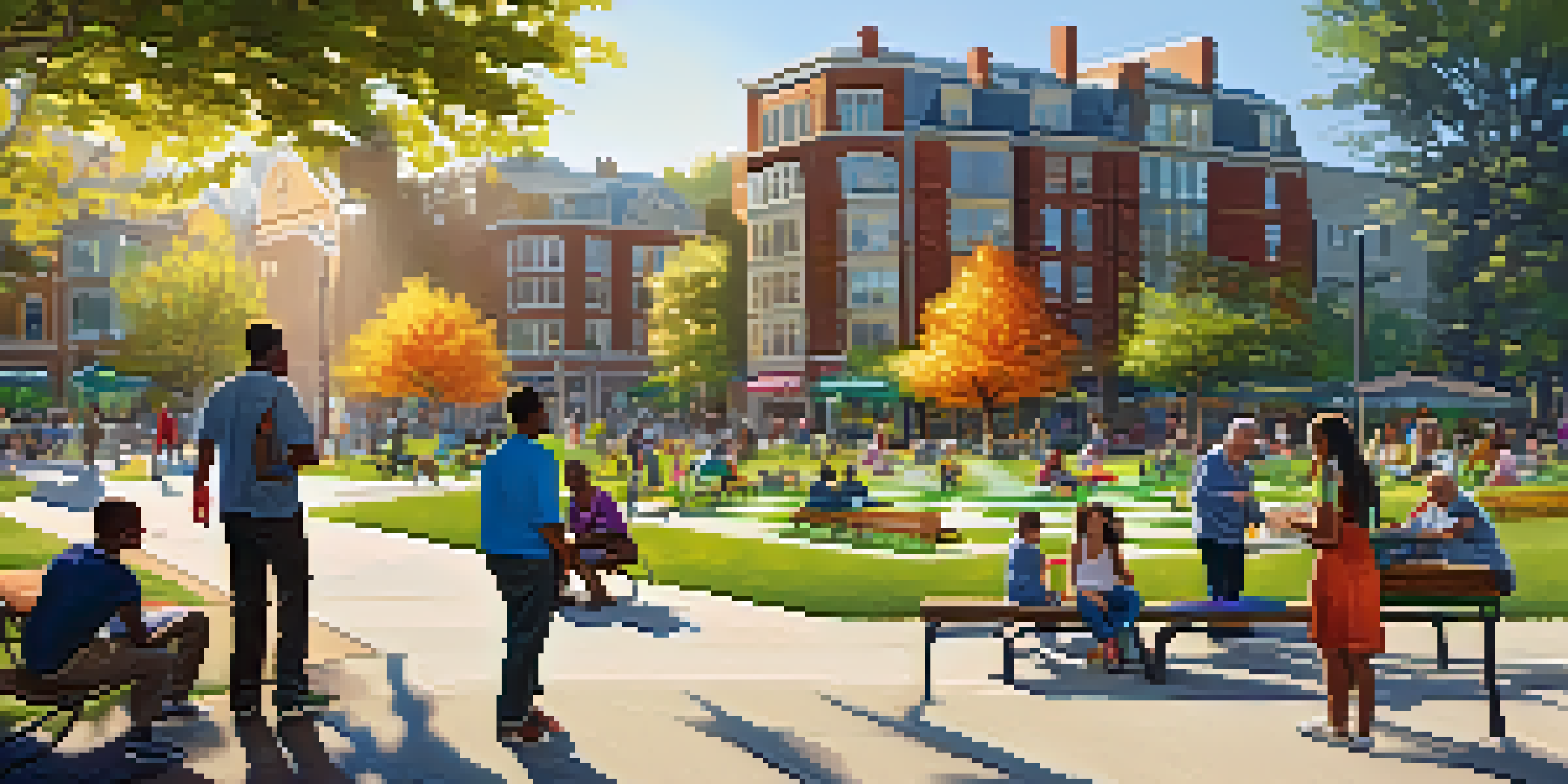 A lively urban park filled with people enjoying activities such as picnicking and playing chess. The park has smart lighting, colorful flowers, and sustainable features.
