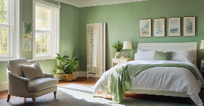 A tranquil bedroom with soft pastel colors and warm sunlight filtering through sheer curtains, featuring a neatly made bed and a bedside table with a plant.