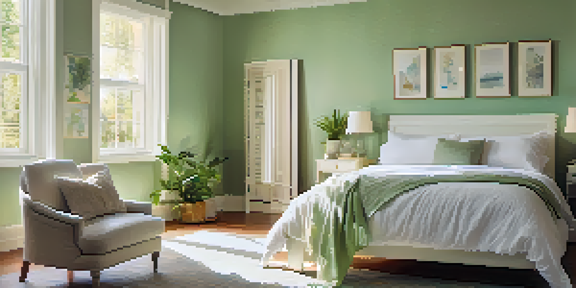 A tranquil bedroom with soft pastel colors and warm sunlight filtering through sheer curtains, featuring a neatly made bed and a bedside table with a plant.