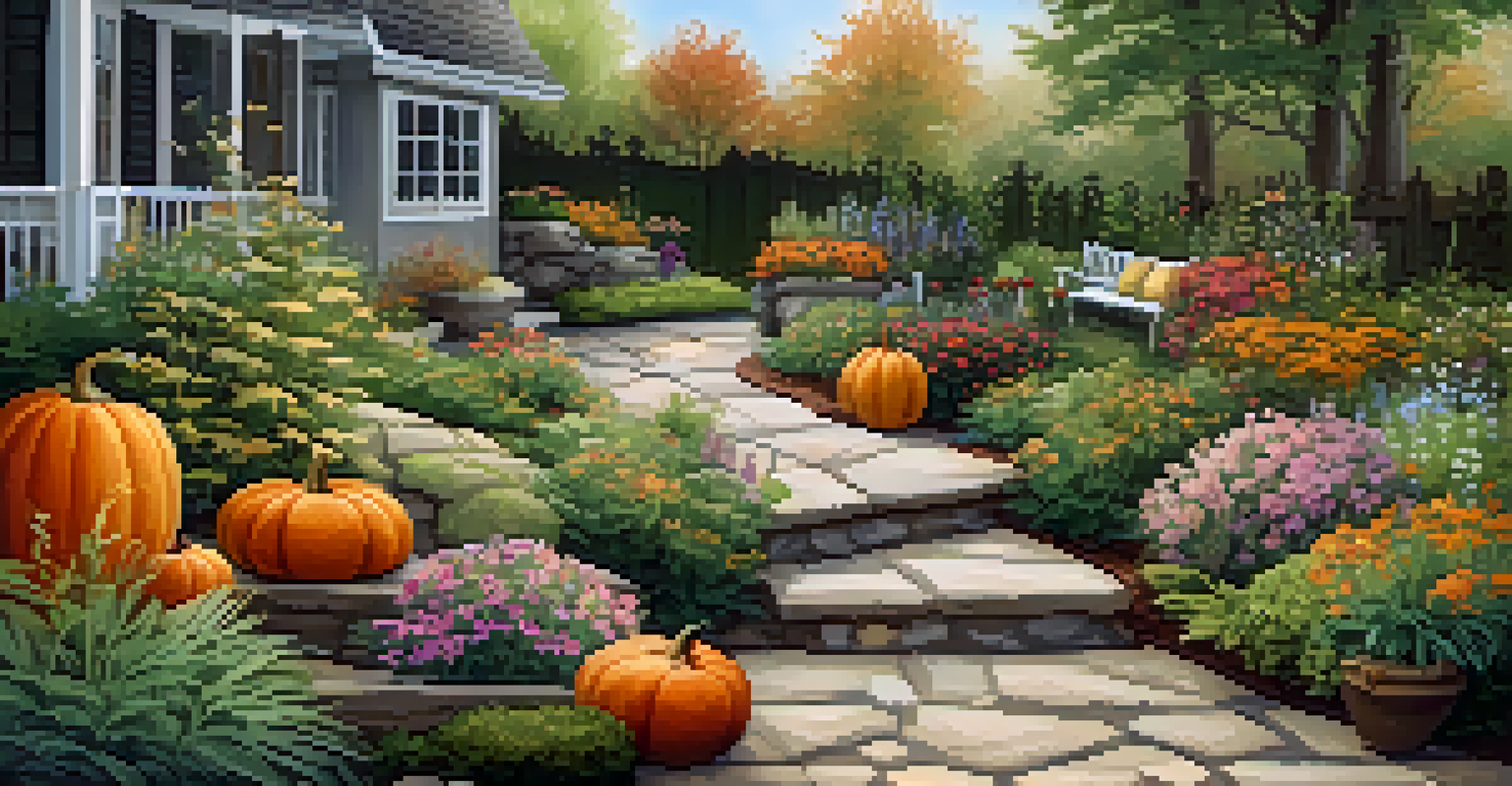 A vibrant garden with various plants, a stone pathway, and a rustic bench, featuring seasonal decorations like pumpkins.