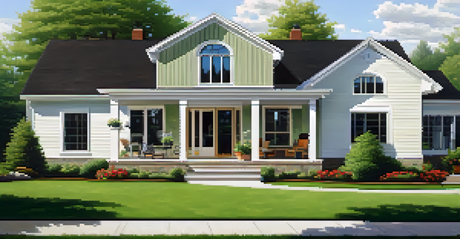 A modern suburban house with a large backyard and a family playing outside in a peaceful neighborhood.