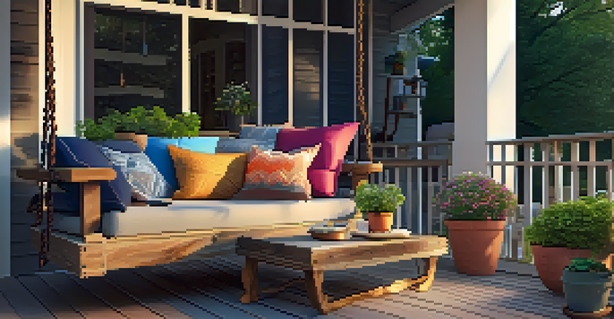 A cozy porch with a wooden swing and a rustic coffee table surrounded by plants and candles under the evening sun.
