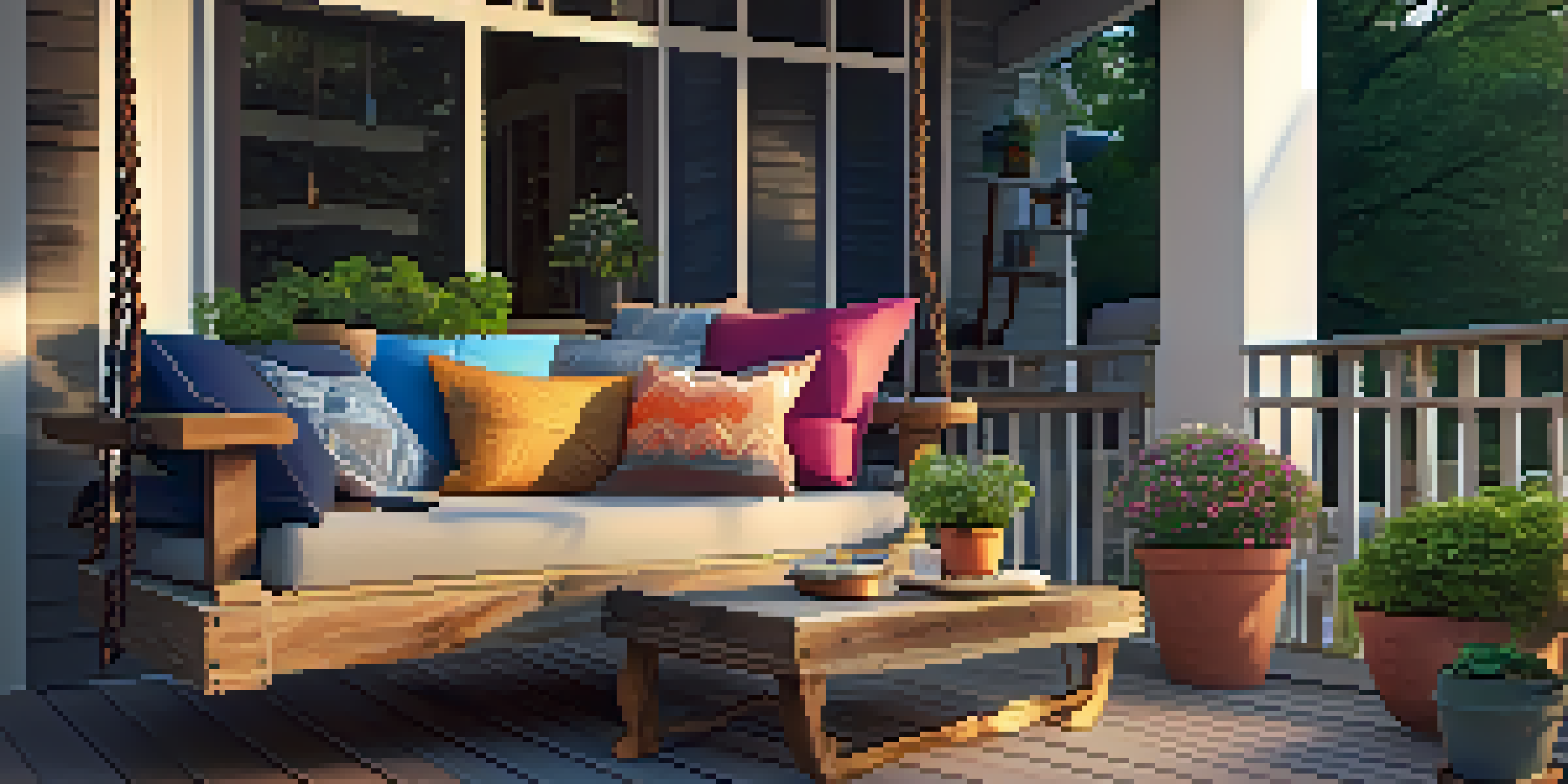 A cozy porch with a wooden swing and a rustic coffee table surrounded by plants and candles under the evening sun.