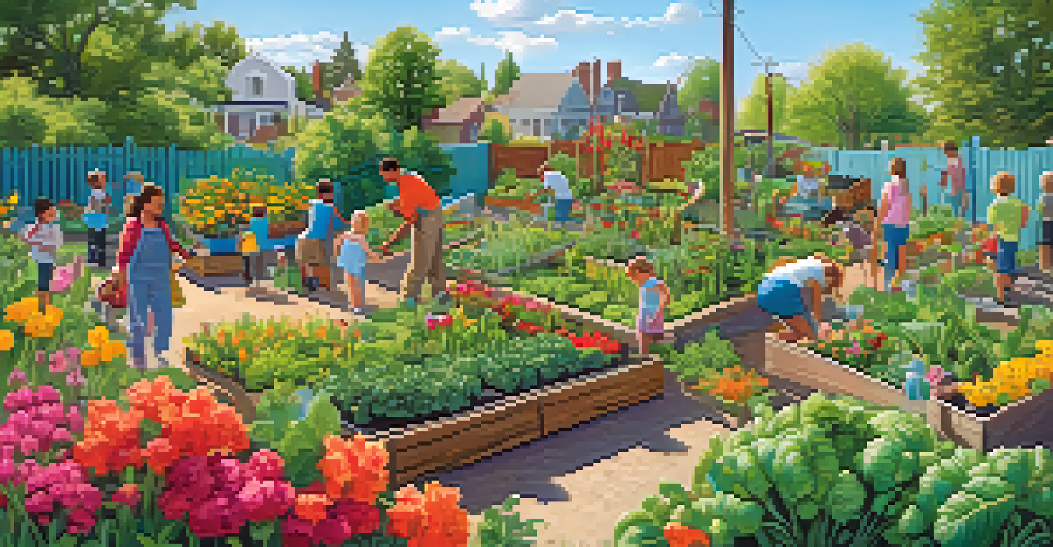 A lively community garden filled with flowers and vegetables, with people gardening and children playing.