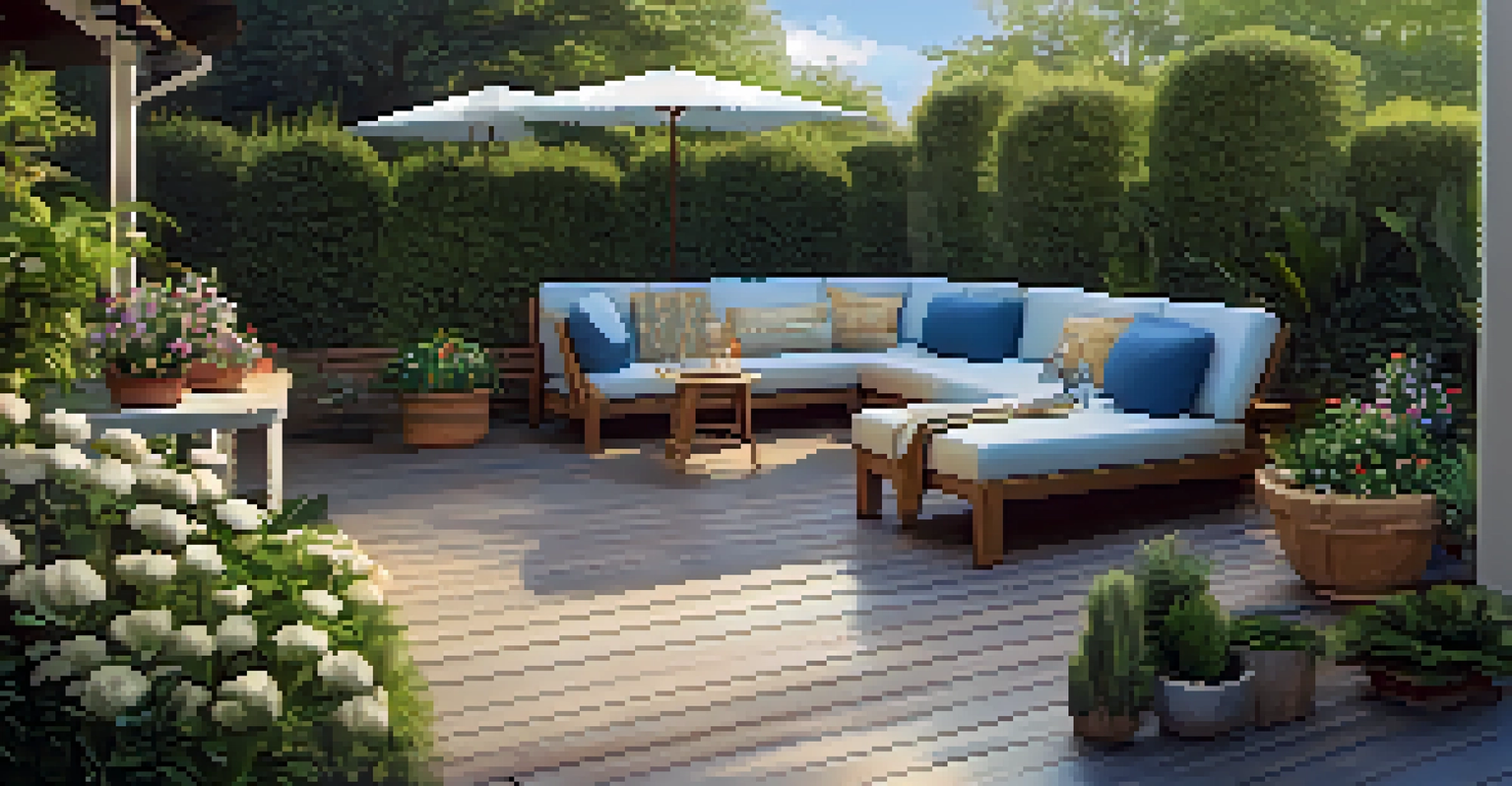 A vibrant outdoor deck with seating, surrounded by lush plants and flowers, under a blue sky with decorative lights above.