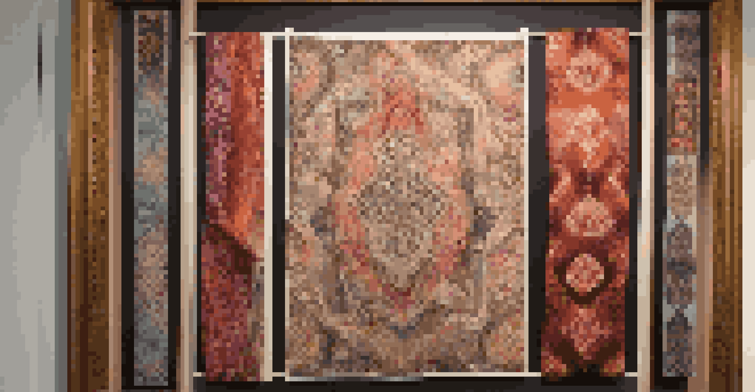 A close-up of a textured fabric wall hanging in an eclectic art display, showcasing intricate patterns against a backdrop of framed art.