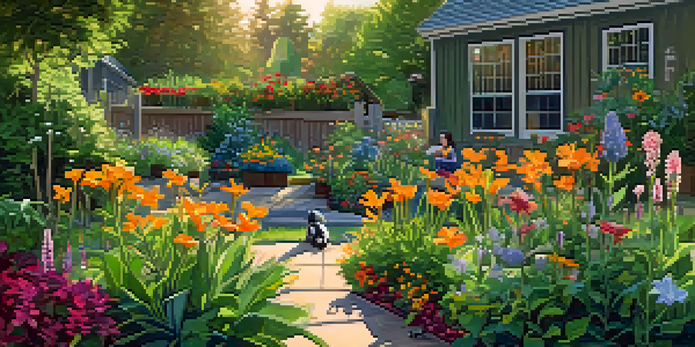 A lush sustainable garden filled with colorful native flowers, buzzing bees, and a gardener tending to the plants under warm sunlight.