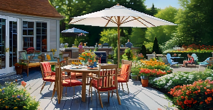 A vibrant summer garden with a family enjoying a barbecue on a painted deck surrounded by flowers.