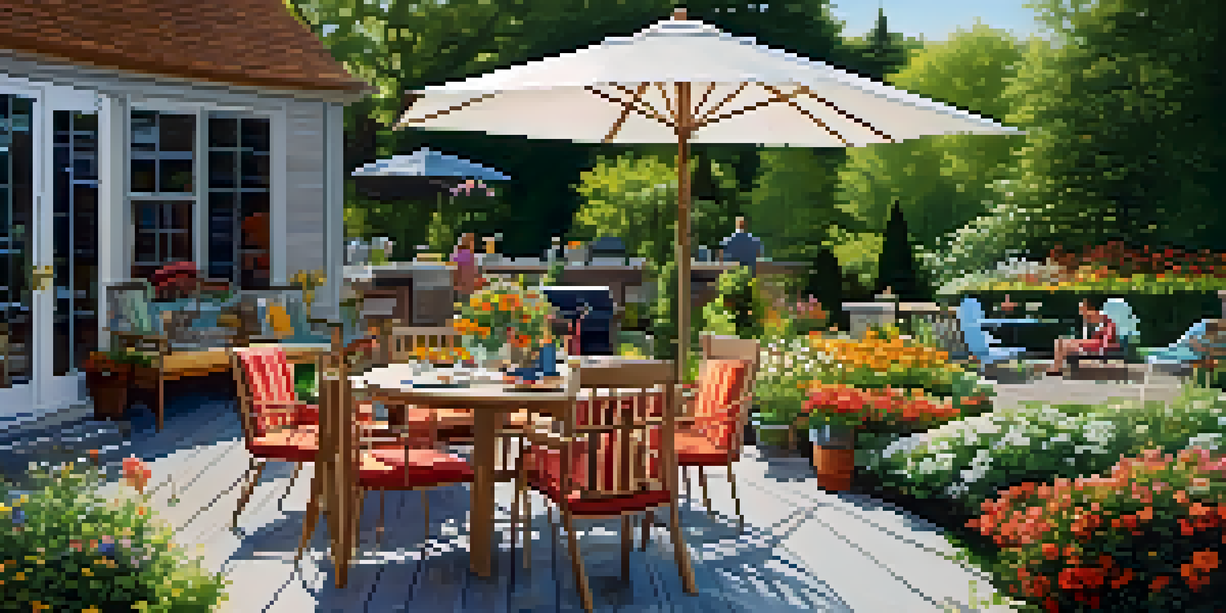 A vibrant summer garden with a family enjoying a barbecue on a painted deck surrounded by flowers.