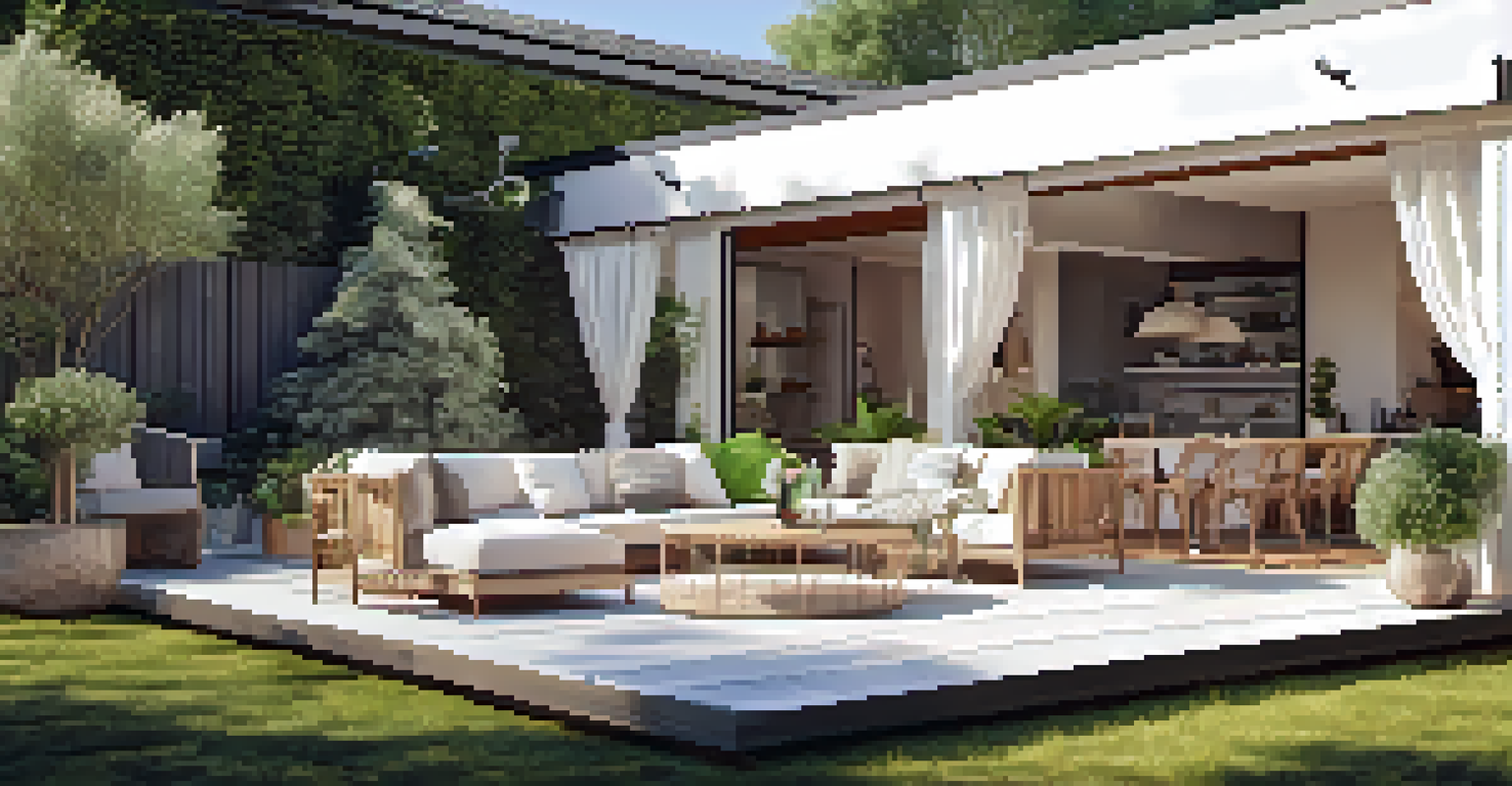 A bright patio with a pergola providing shade, modular furniture arranged for summer, and surrounding greenery.