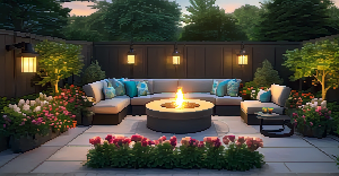 An outdoor patio with comfortable seating, colorful flowers, and soft lighting, ideal for evening gatherings.