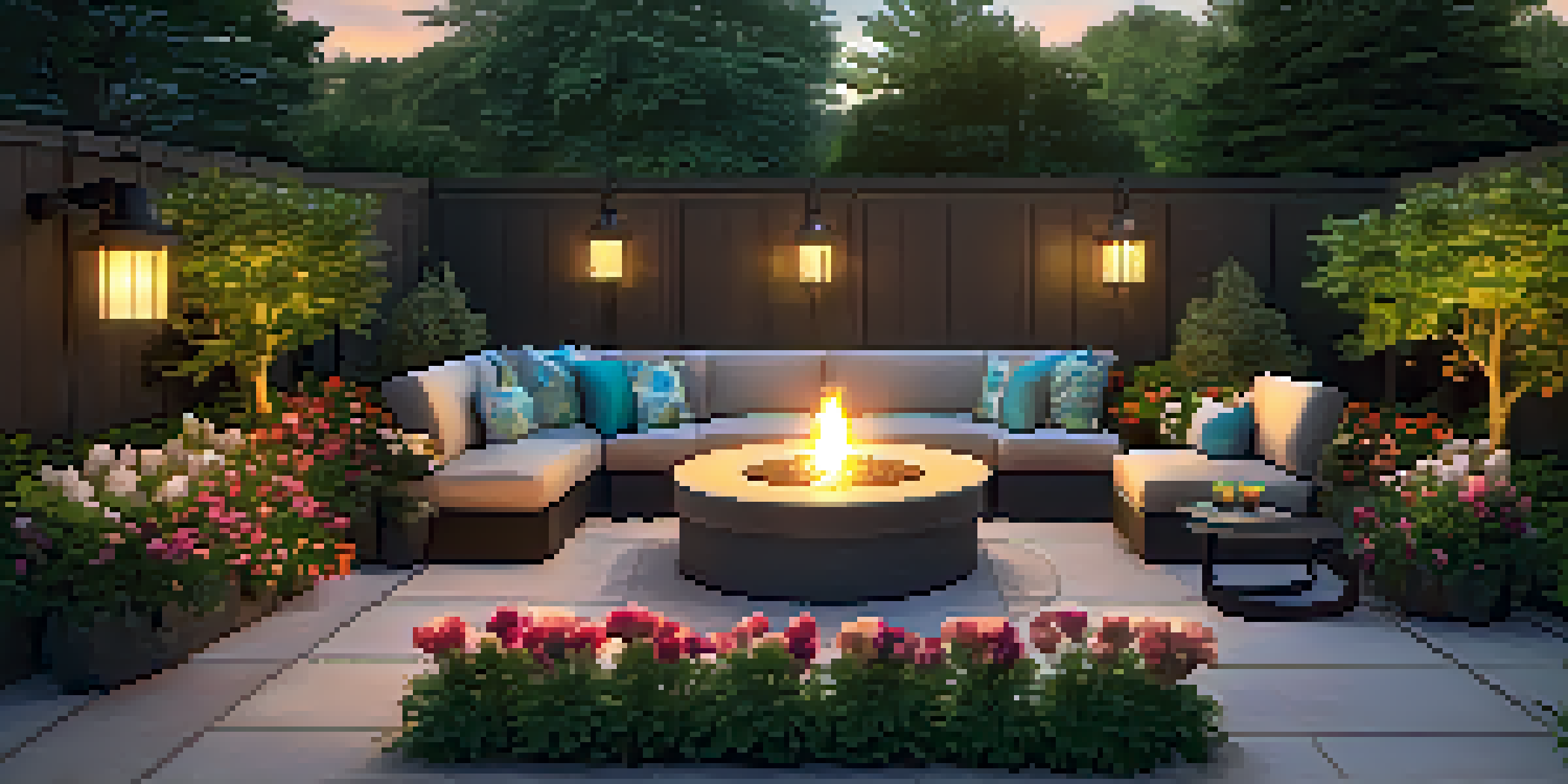 An outdoor patio with comfortable seating, colorful flowers, and soft lighting, ideal for evening gatherings.