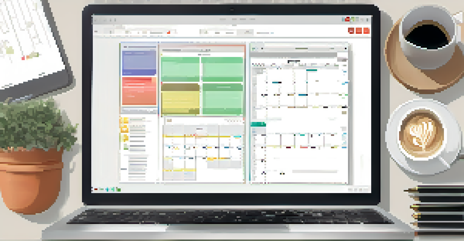 An overhead view of a laptop screen with productivity apps open, surrounded by a notebook, coffee cup, and smartphone on a minimalistic desk.