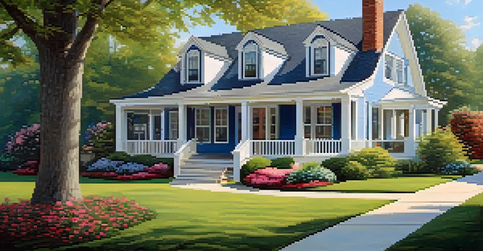 A beautiful house with a manicured lawn and flower beds under a clear blue sky.