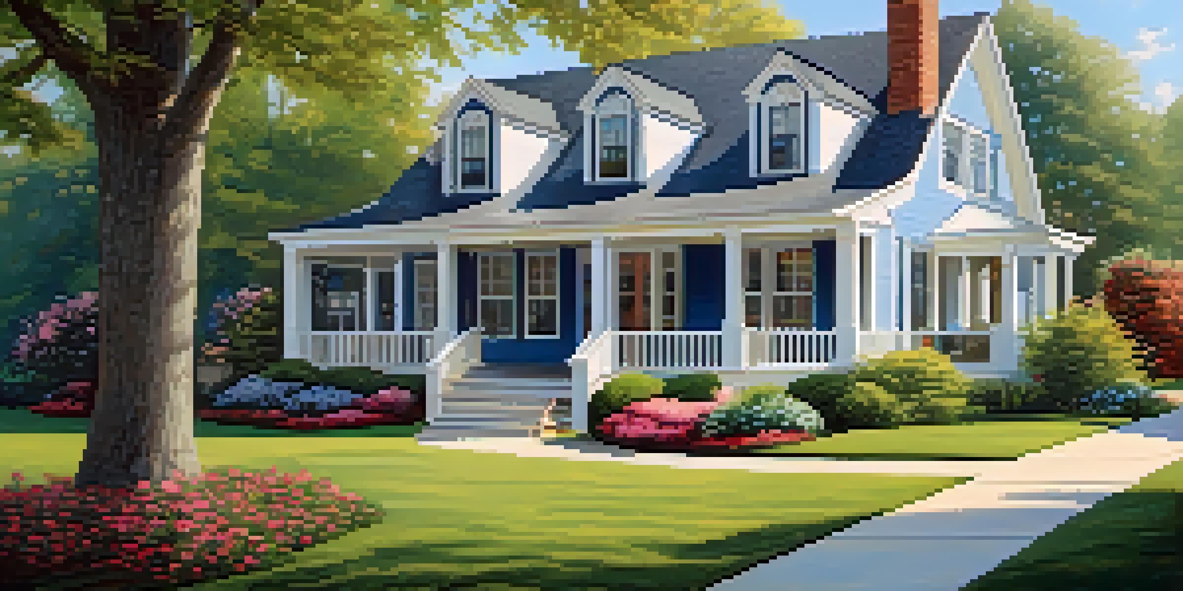 A beautiful house with a manicured lawn and flower beds under a clear blue sky.