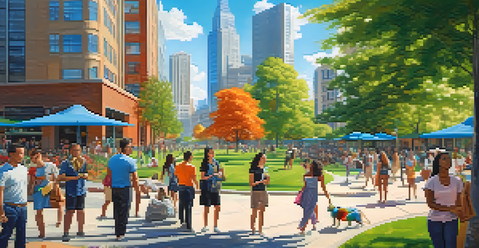 A lively city scene with young professionals outdoors, modern buildings, and green parks.