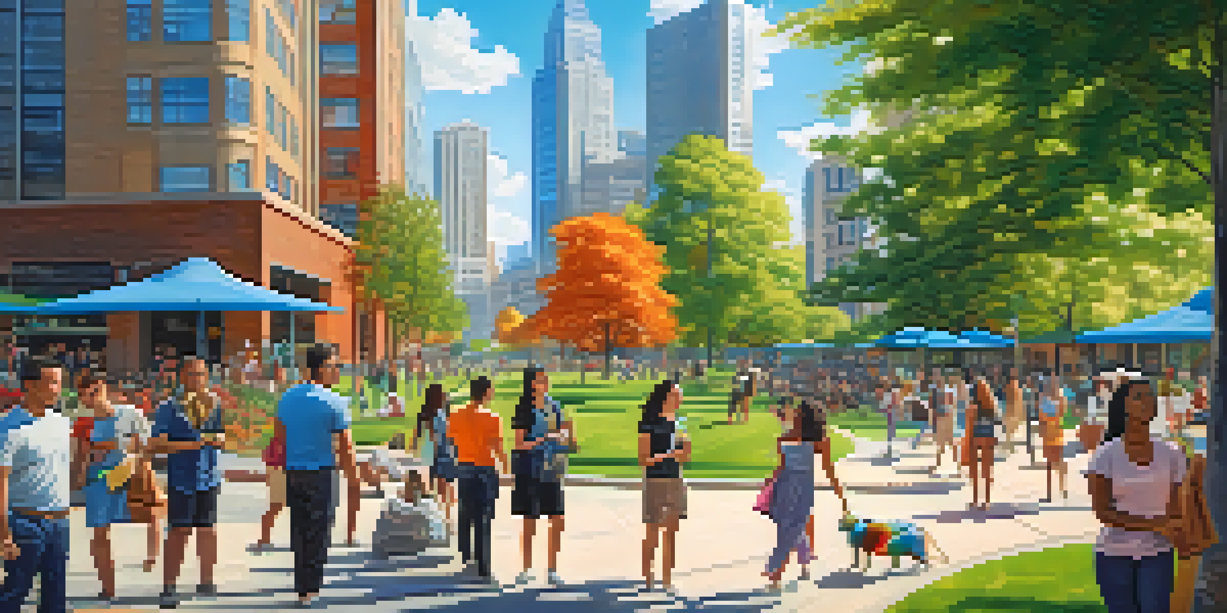A lively city scene with young professionals outdoors, modern buildings, and green parks.