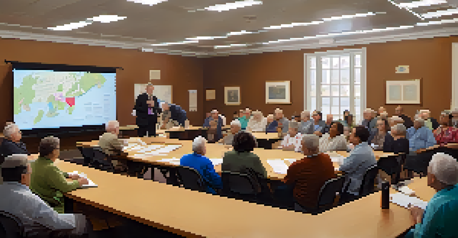 A diverse group of residents in a town hall meeting discussing zoning laws, with charts and maps visible.