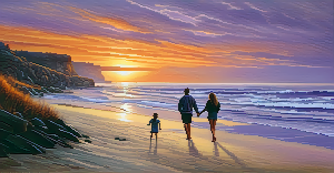 A picturesque coastal sunset with a couple walking on the beach, vibrant sky colors reflecting on water.