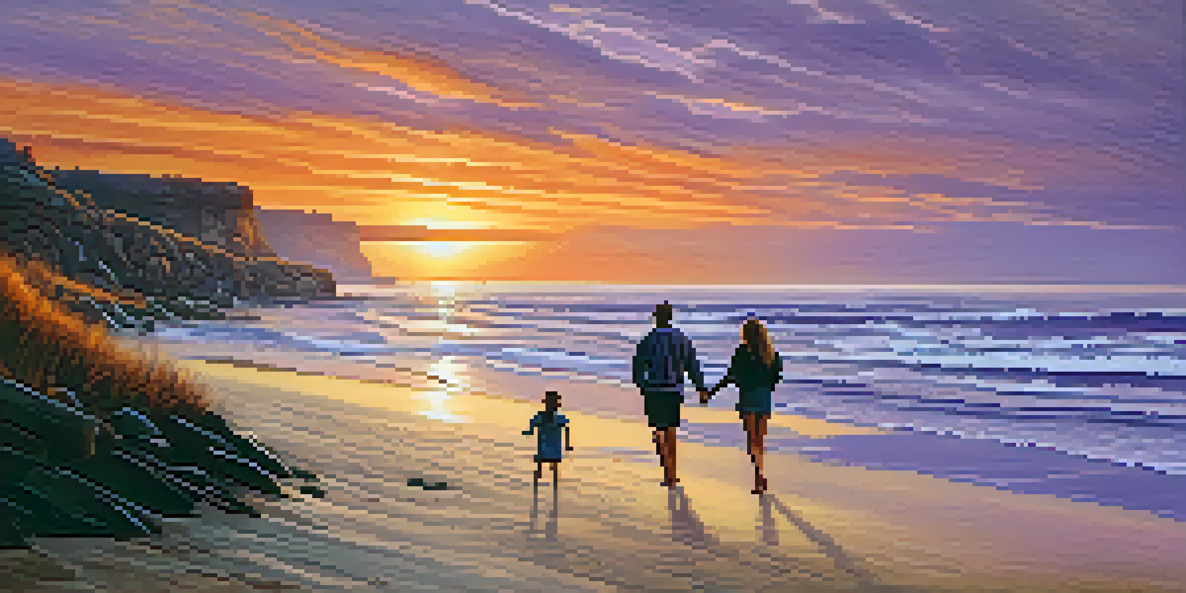 A picturesque coastal sunset with a couple walking on the beach, vibrant sky colors reflecting on water.