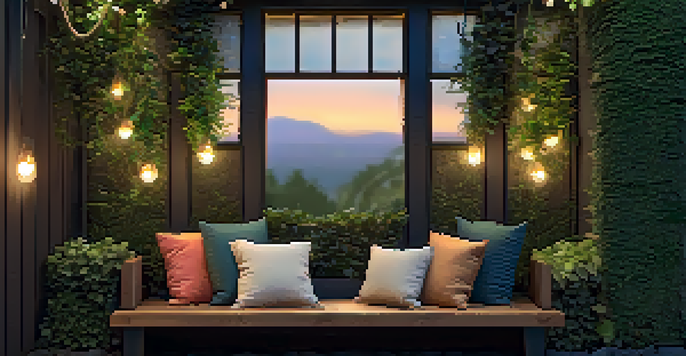 A rustic wooden bench adorned with throw pillows, surrounded by lush vertical gardens and soft string lights creating a cozy outdoor nook.