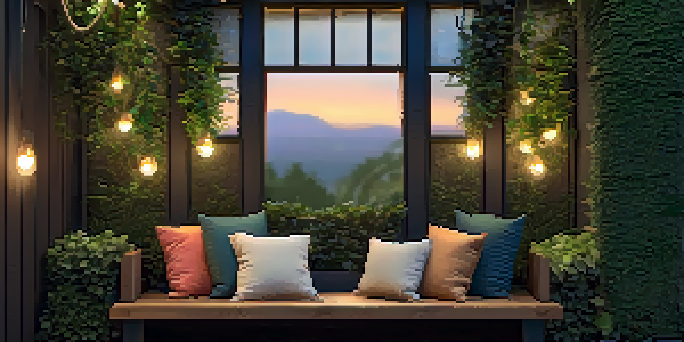 A rustic wooden bench adorned with throw pillows, surrounded by lush vertical gardens and soft string lights creating a cozy outdoor nook.