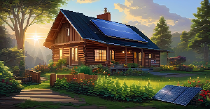 A cozy off-grid home with solar panels, surrounded by a vibrant vegetable garden and greenery under warm sunlight.