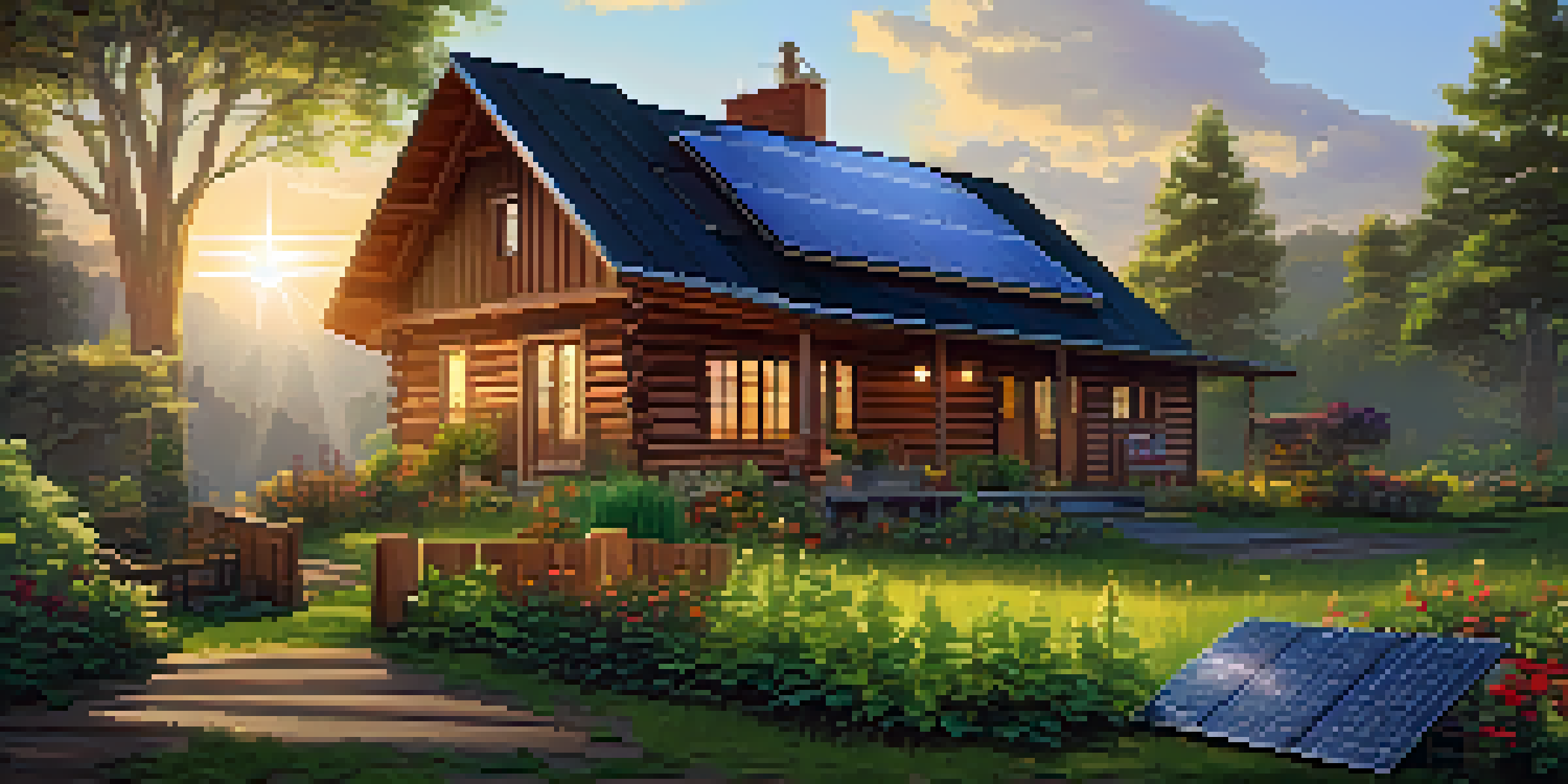 A cozy off-grid home with solar panels, surrounded by a vibrant vegetable garden and greenery under warm sunlight.