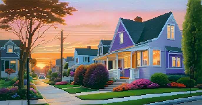 A tranquil suburban neighborhood at sunset, showcasing charming houses and colorful gardens under a colorful sky.
