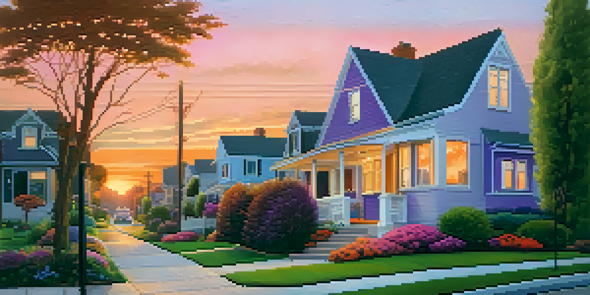 A tranquil suburban neighborhood at sunset, showcasing charming houses and colorful gardens under a colorful sky.
