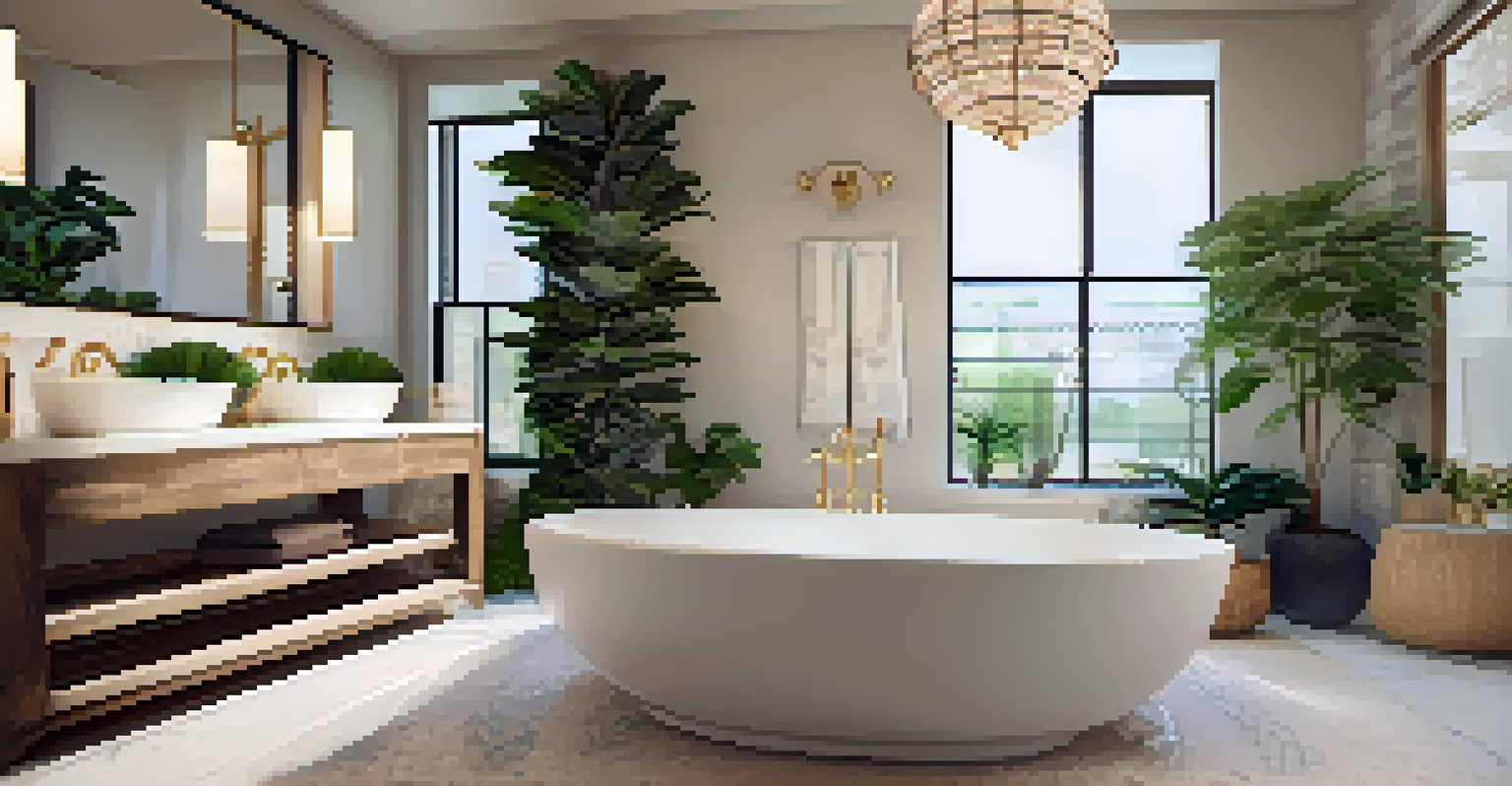 A tranquil bathroom with a freestanding soaking tub, elegant tiles, soft lighting, and decorative plants.