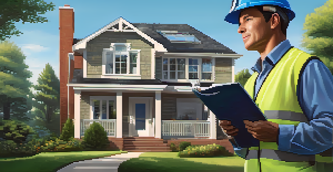 A home inspector inspecting a roof with binoculars in a suburban neighborhood on a sunny day.