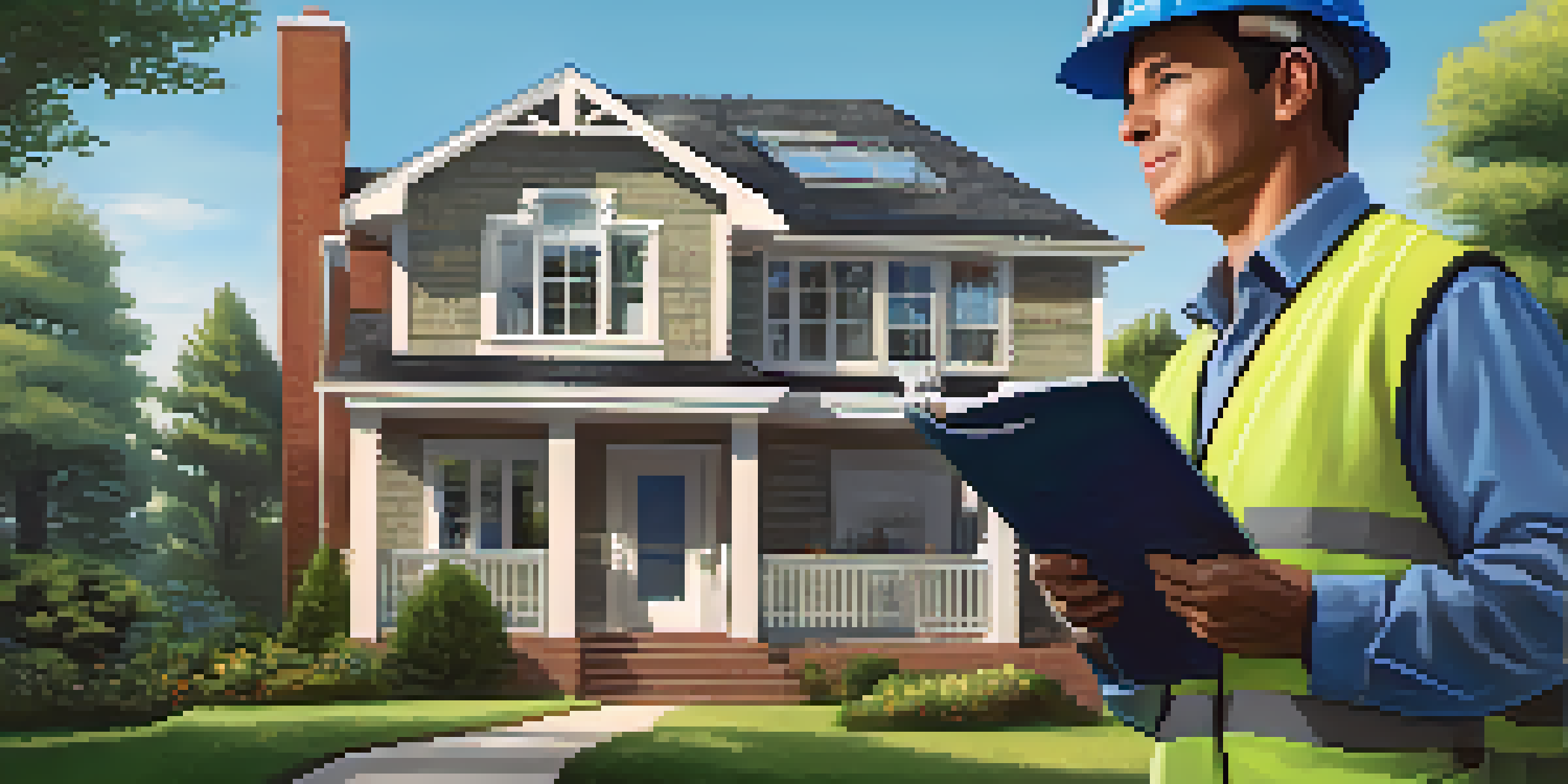 A home inspector inspecting a roof with binoculars in a suburban neighborhood on a sunny day.