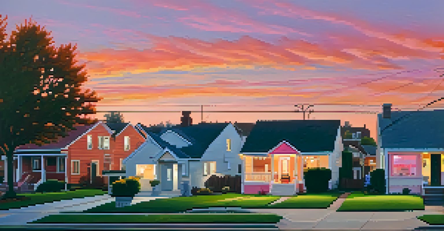 A beautiful suburban neighborhood at sunset, featuring houses and a 'For Sale' sign in the foreground.