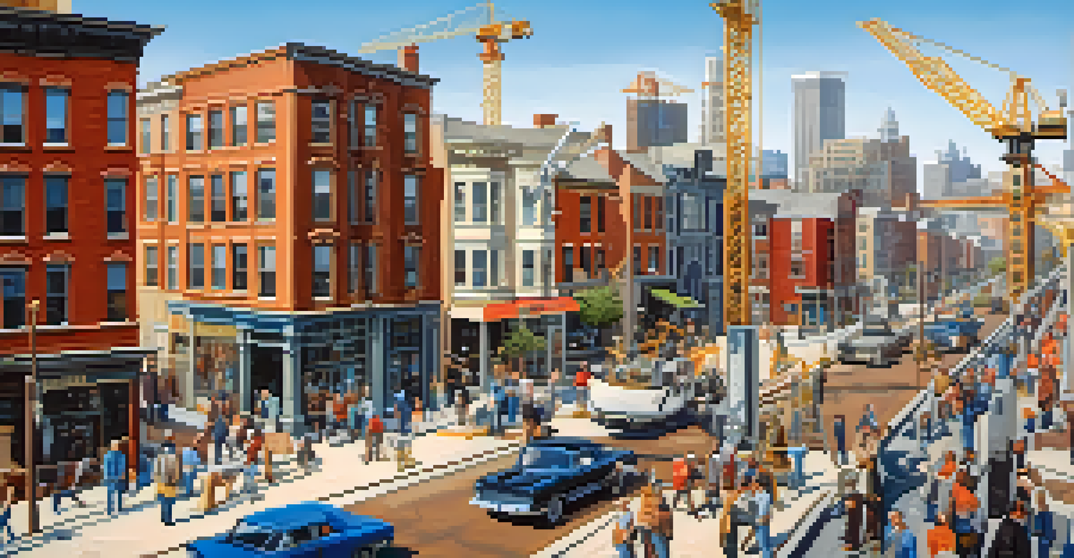 An aerial view of an urban neighborhood showing construction and a mix of old and new buildings with people on the streets.