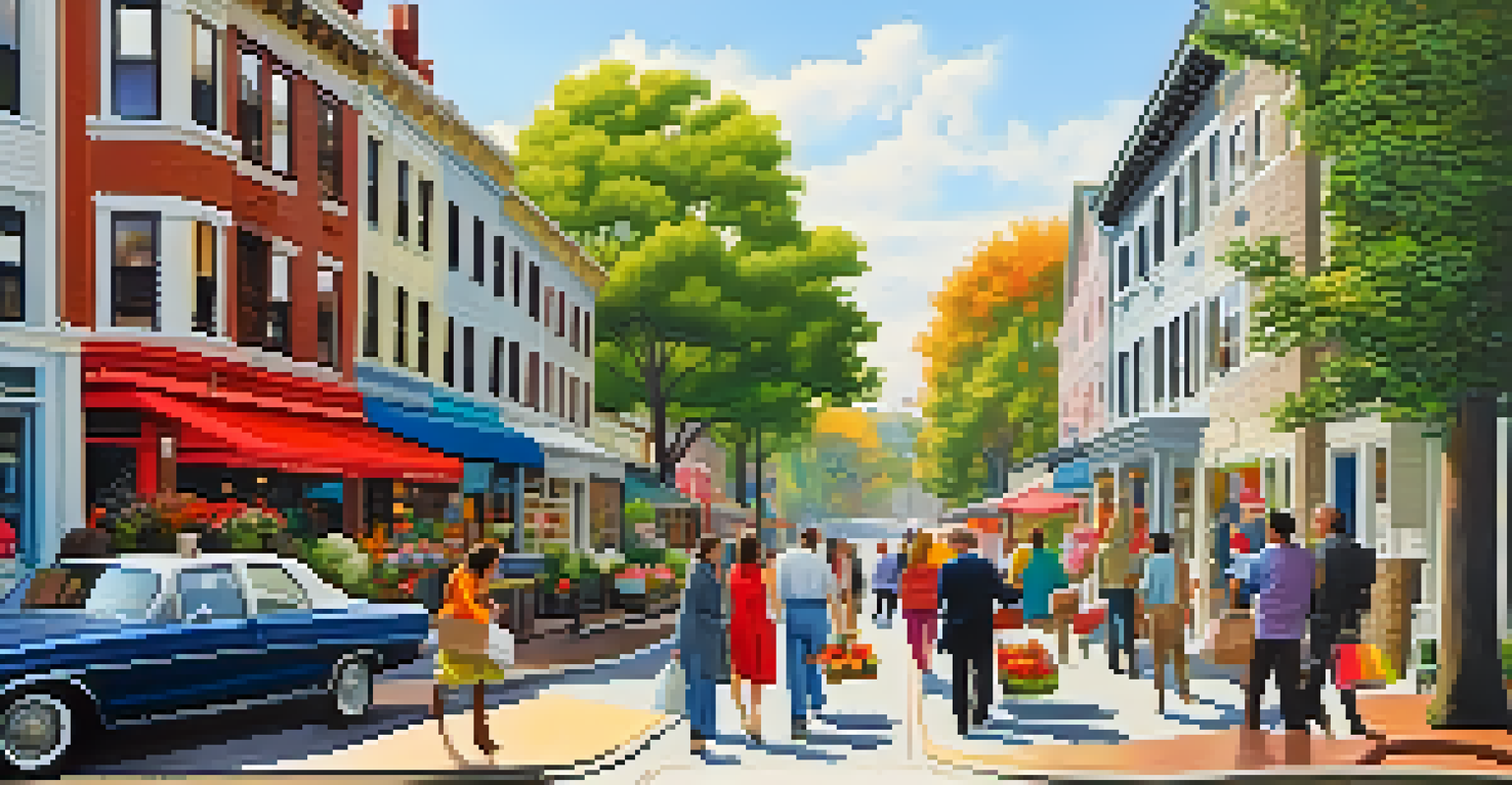 A lively neighborhood street with people walking and charming houses adorned with flowers.