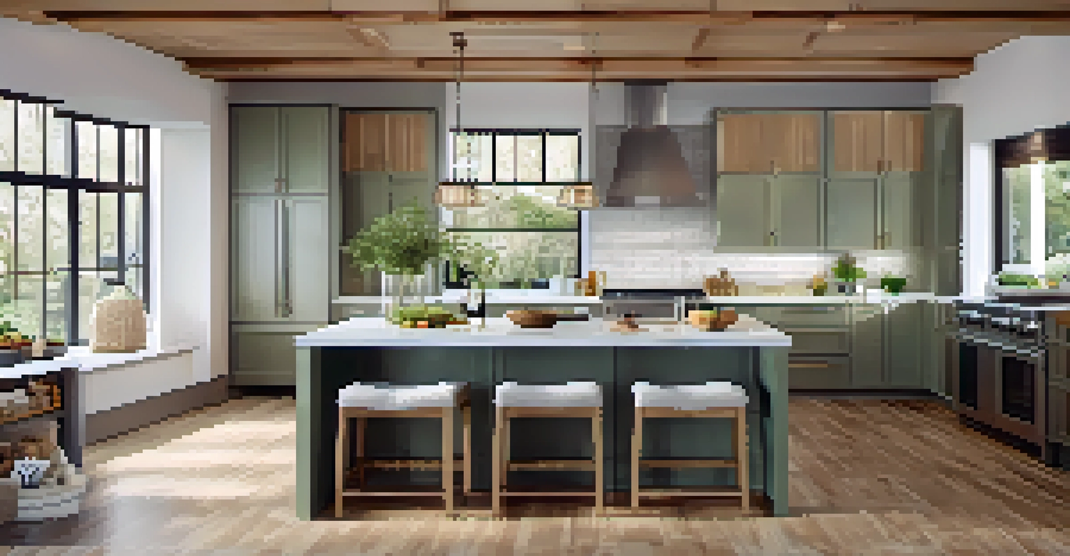 A stylish kitchen with eco-friendly materials, featuring bamboo flooring and quartz countertops under warm pendant lighting.