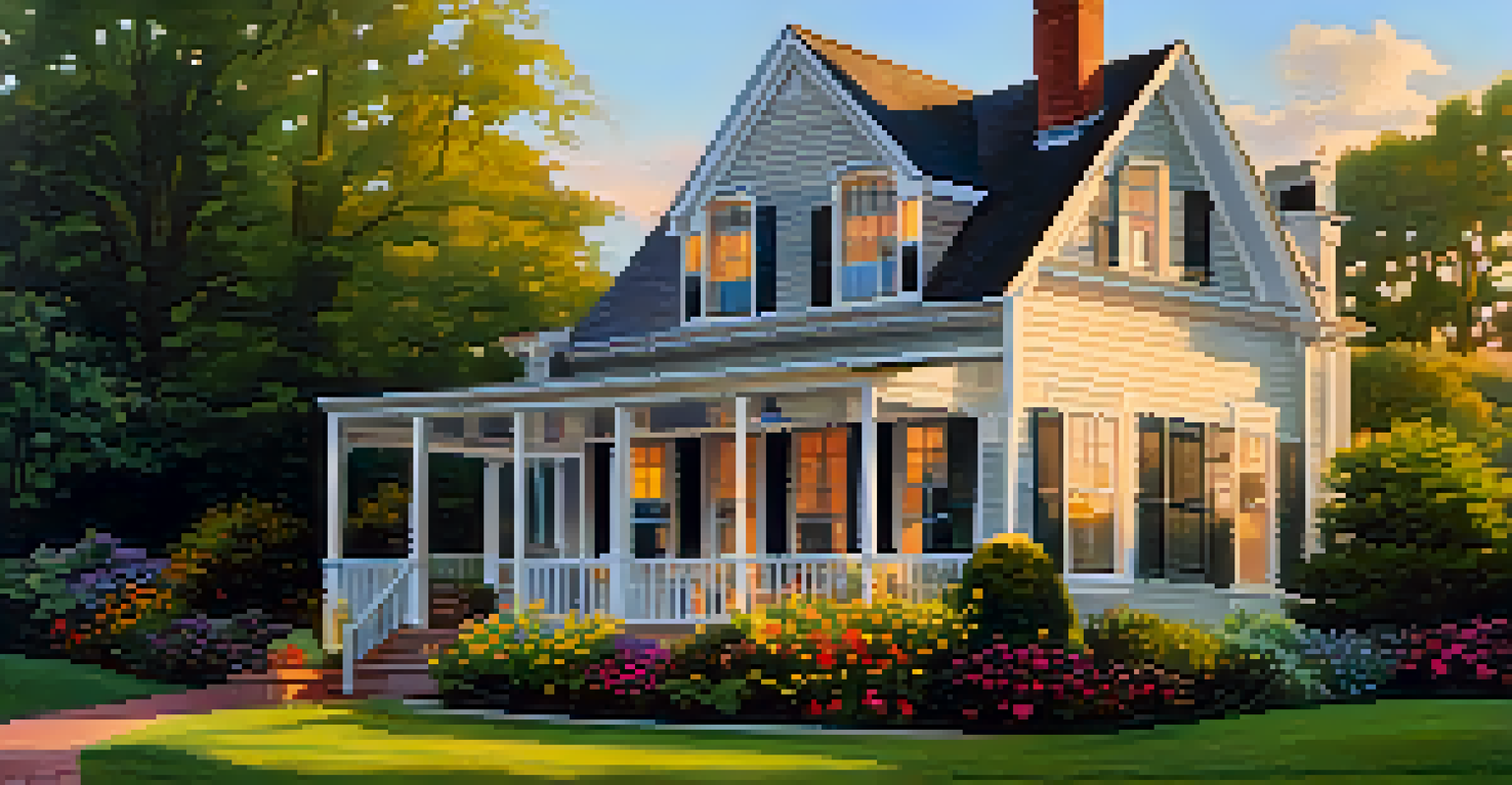 A beautiful house with a 'For Sale' sign in front, surrounded by a colorful garden, illuminated by the golden glow of sunset.