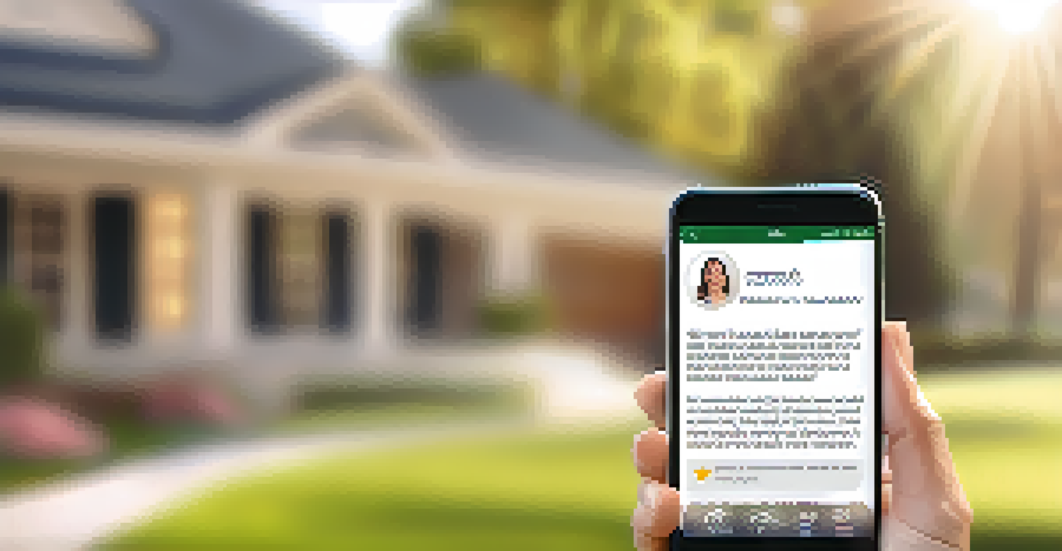 A smartphone showing positive reviews for a real estate agent, with a blurred house in the background.