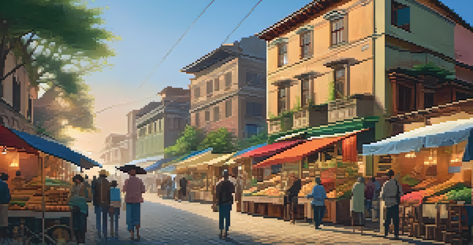A vibrant street scene featuring a mix of traditional and modern architecture with colorful murals and market stalls.