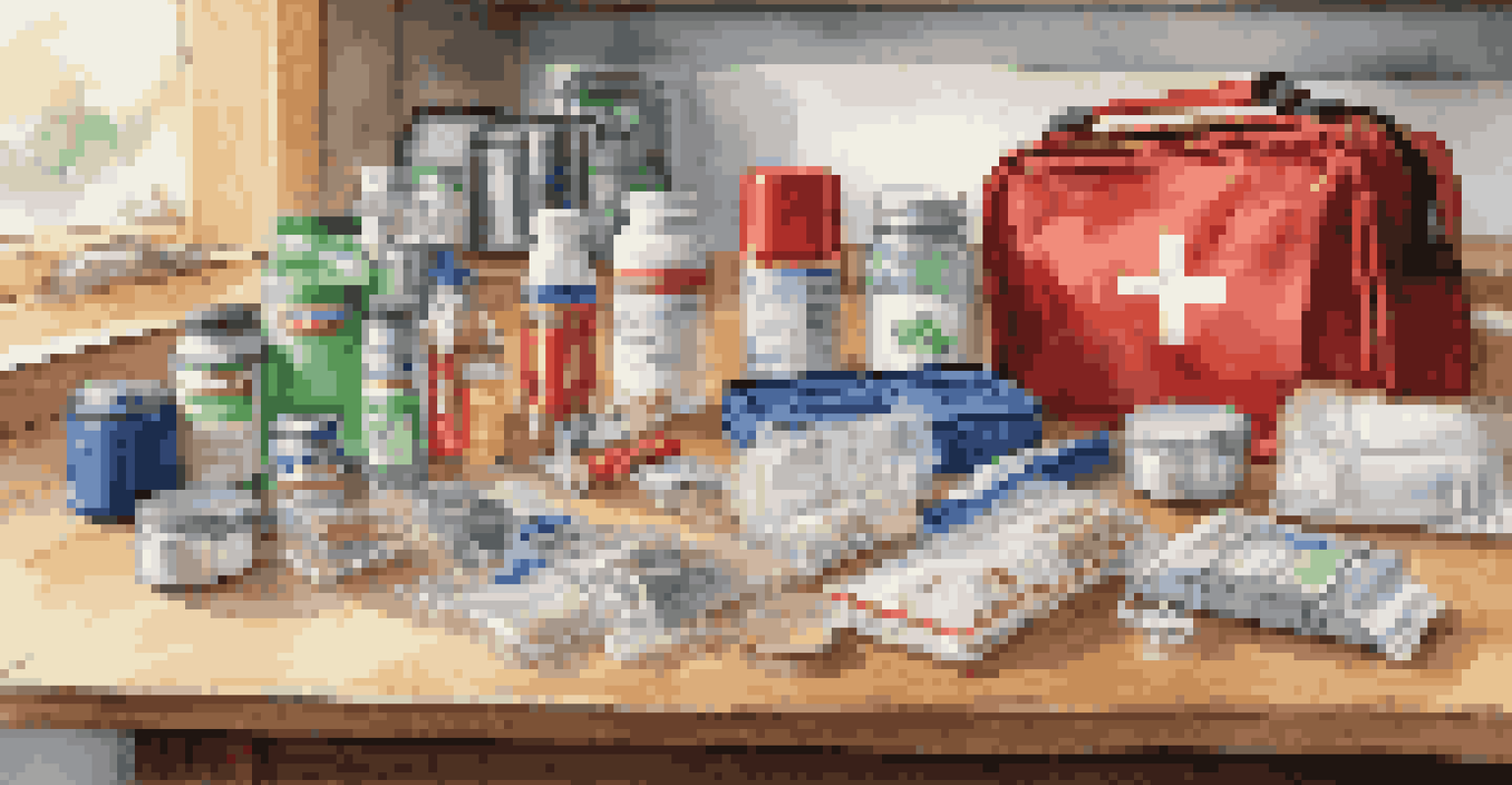 An emergency preparedness kit with water, food, flashlights, and a first aid kit on a wooden table.
