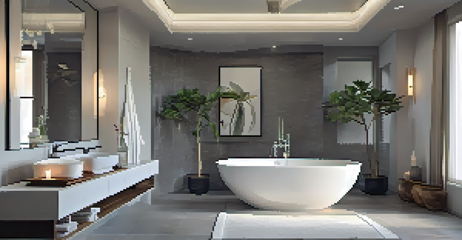 A modern bathroom with a freestanding bathtub, elegant fixtures, and large windows, creating a bright and relaxing atmosphere.