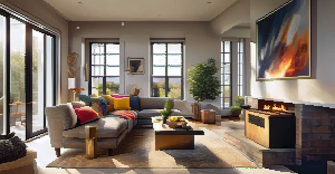 A warm and inviting living room with a modern fireplace, plush sofa, colorful cushions, and sunlight streaming through large windows.